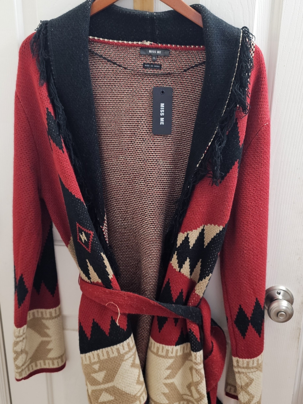 Miss Me Red Black Cream Aztec Shawl Collar Cardigan